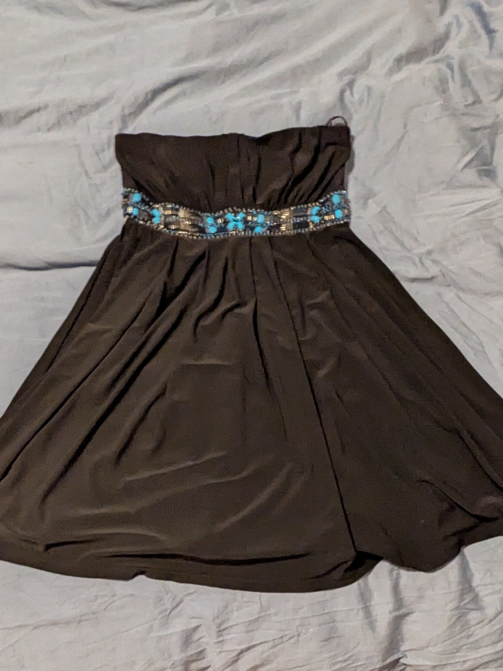 Strapless Black Dress with Turquoise Beaded Waist - White House Black Market